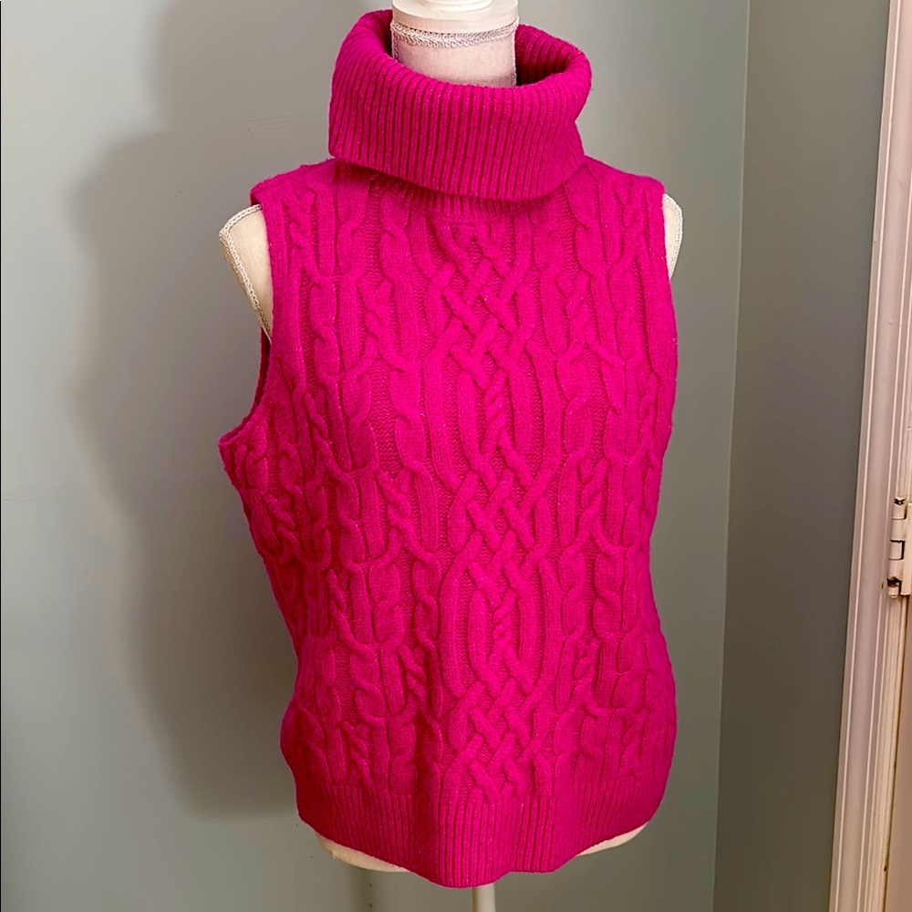 Women's Pink Cable Knit Turtleneck Sweater Vest